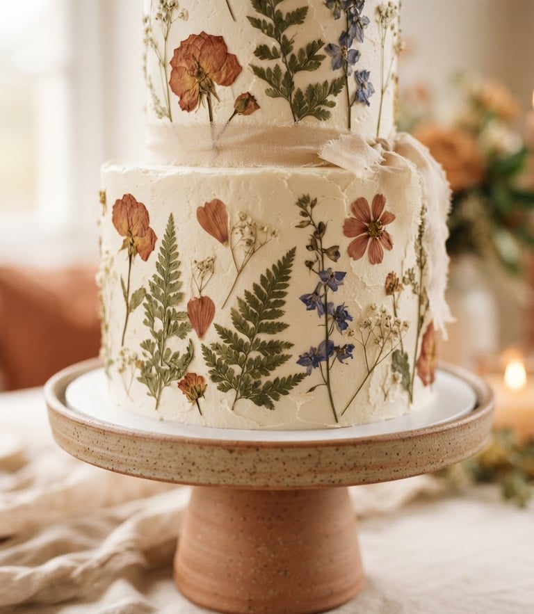 Editorial macro shot of an elegant tiered cake with hand-pressed botanicals on a ceramic pedestal, soft warm daylight, shallow depth of field