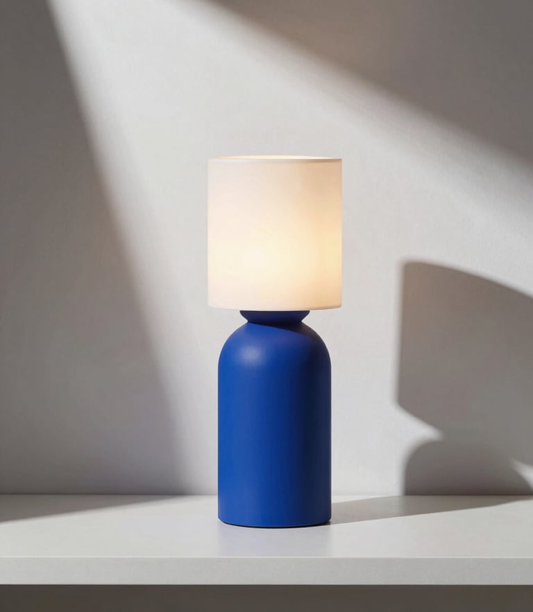A modern sculptural cobalt blue table lamp glowing warmly on a minimalist shelf, sharp geometric shadows, high contrast, 35mm lens.