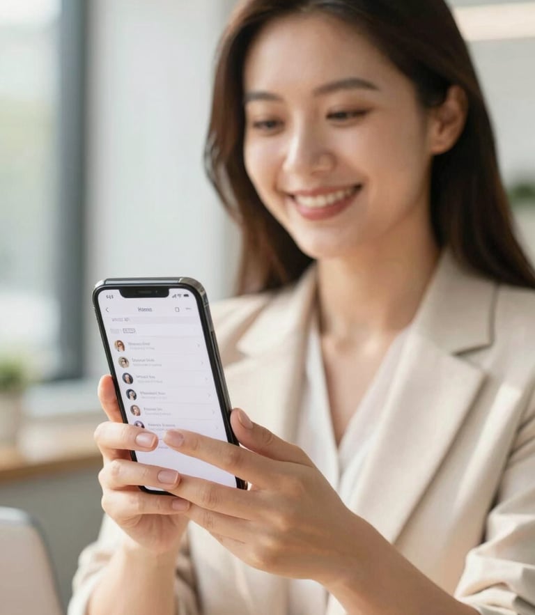 A friendly professional woman holding a smartphone, showing a clean messaging interface with a genuine smile, bright natural daylight, warm editorial style.