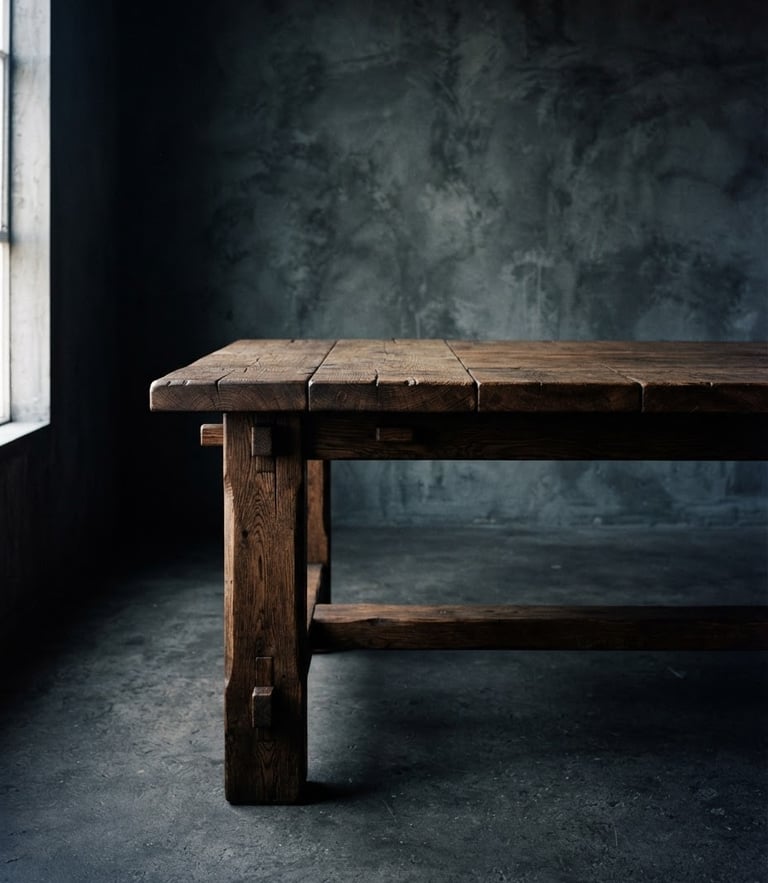 Low-key dramatic side-lighting on a heavy solid oak dining table with exposed mortise-and-tenon joinery, empty concrete room, 35mm film.