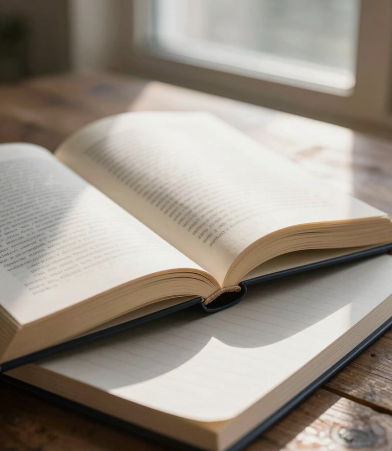Soft morning daylight filtering through a window onto an open hardcover book and a clean journal on a rustic oak table, macro detail of paper texture.