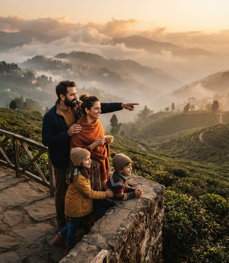 A relaxed family looking out at a misty tea garden in Darjeeling during golden hour, soft warm lighting, professional travel photography