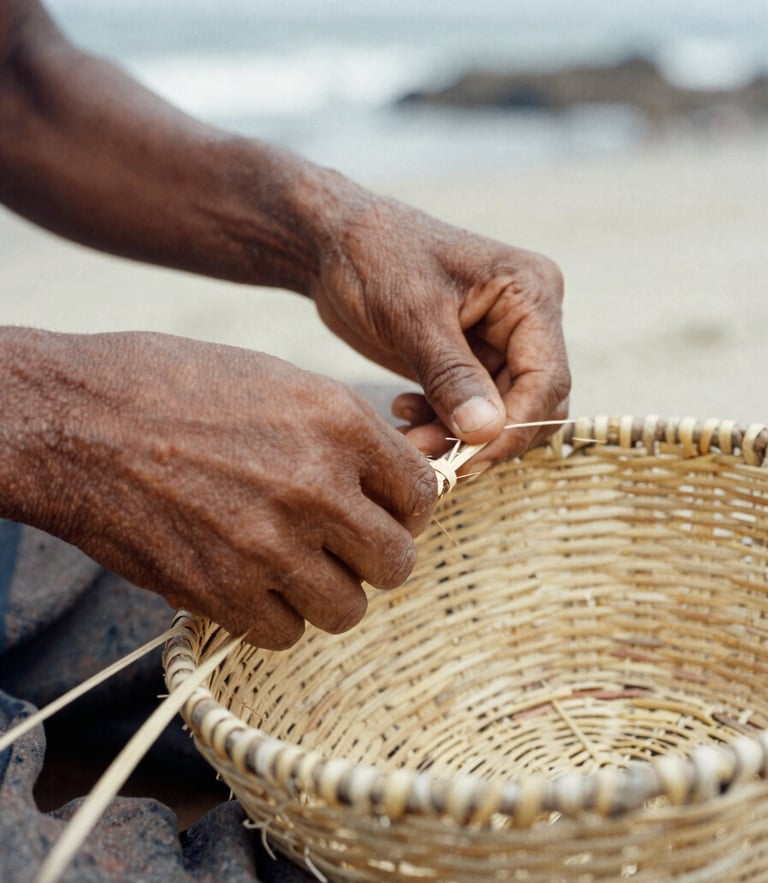Close-up of hands weaving a natural fiber basket under soft coastal light, earthy tones, warm documentary style, 35mm