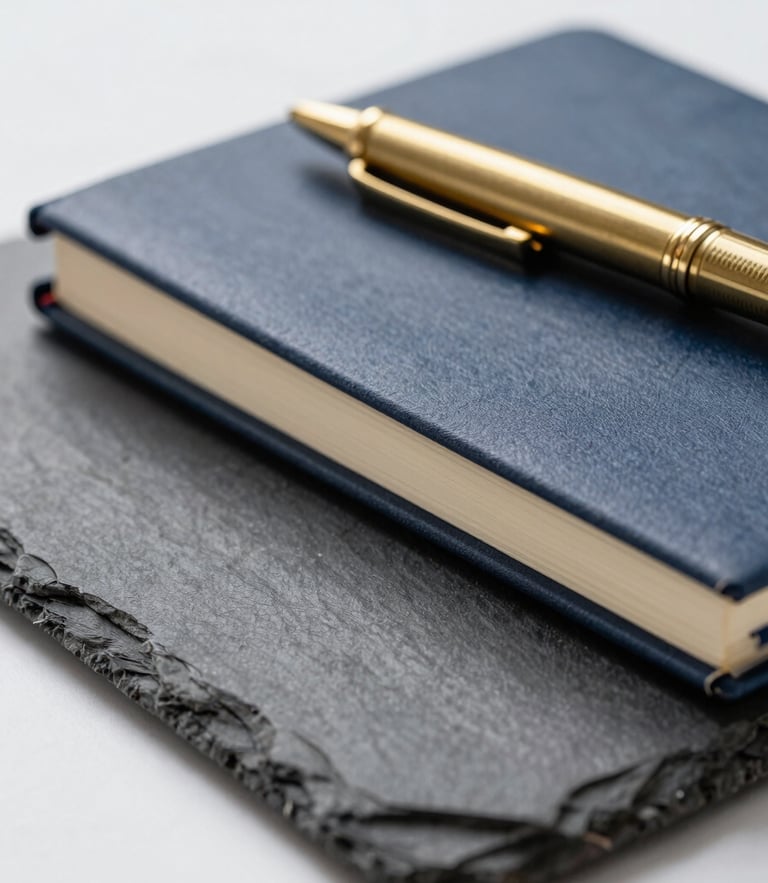 Macro shot of a high-quality physical notebook and a brass pen on a structured slate desk, soft overcast daylight, sharp focus 35mm