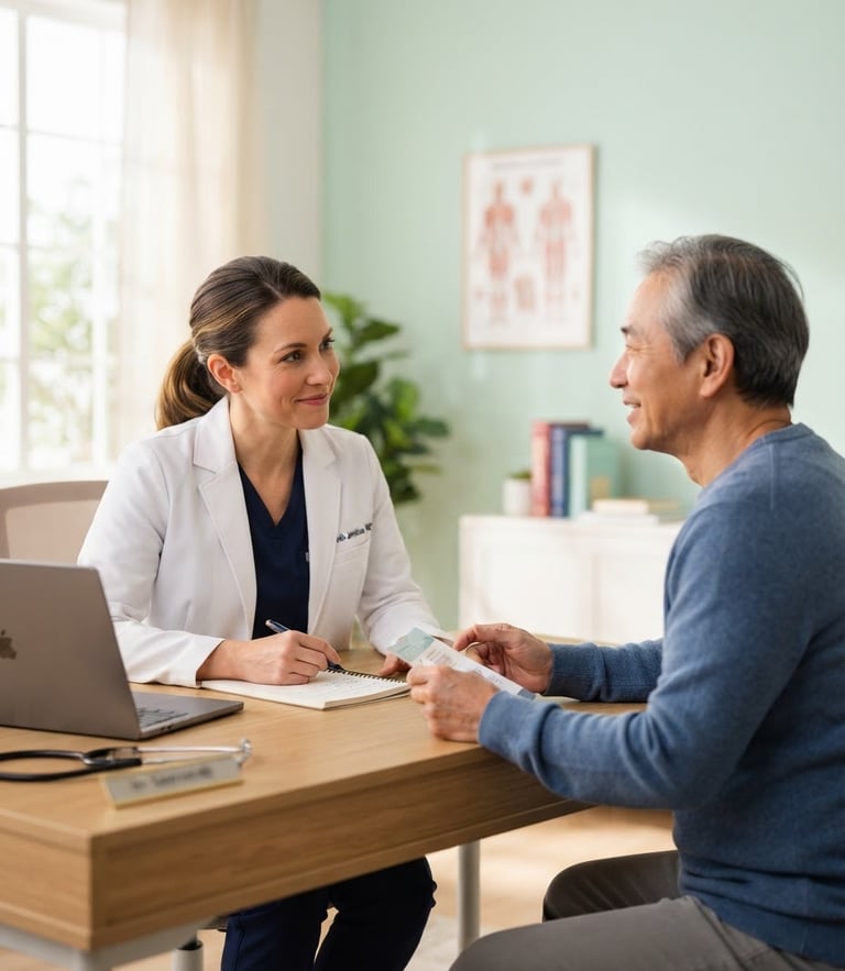 A professional doctor in a white coat consulting with a patient in a bright, modern clinic room, soft natural light, warm and reassuring atmosphere.