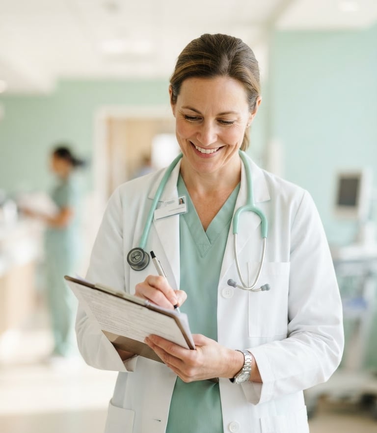 A professional doctor in clinical attire with a stethoscope, bright indoor lighting, soft mint and white tones, shallow depth of field