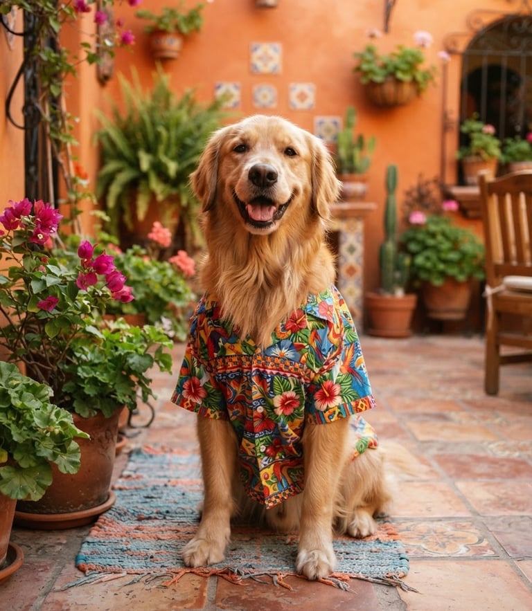 A happy golden retriever wearing a colorful handmade tropical shirt, sitting comfortably in a sunlit Mexican patio, warm natural light, 35mm