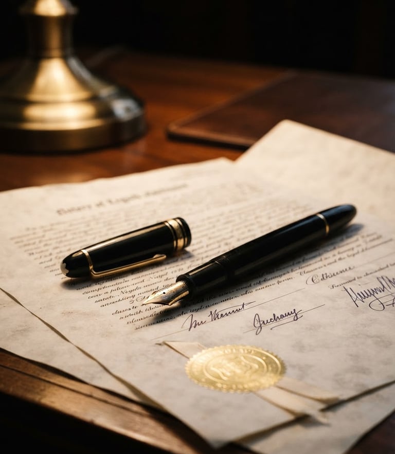 A warm editorial close-up of a classic fountain pen resting on a heavy legal document, warm desk lamp lighting, deep navy and gold tones, sharp focus, 50mm