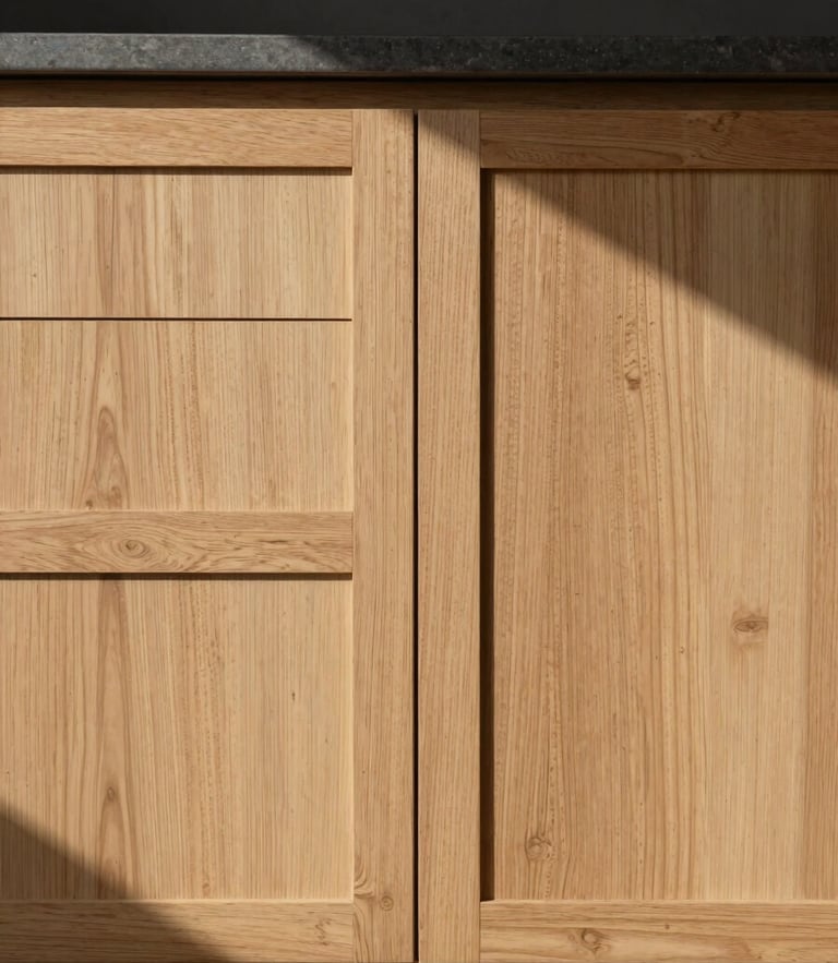 Straight-on architectural photograph of a custom natural oak kitchen cabinet, seamless joints, soft side daylight, rich textures, 35mm