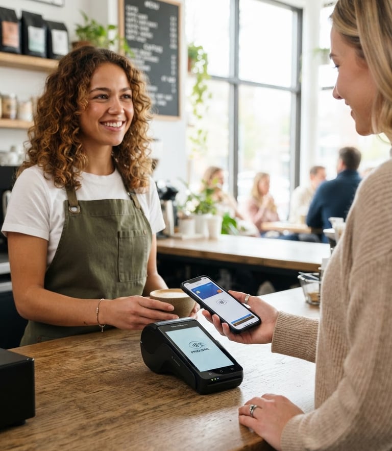 Close-up of a local barista smiling as a customer taps their phone to pay on a sleek black TerminalExpress mPOS device, bright natural light, modern retail environment