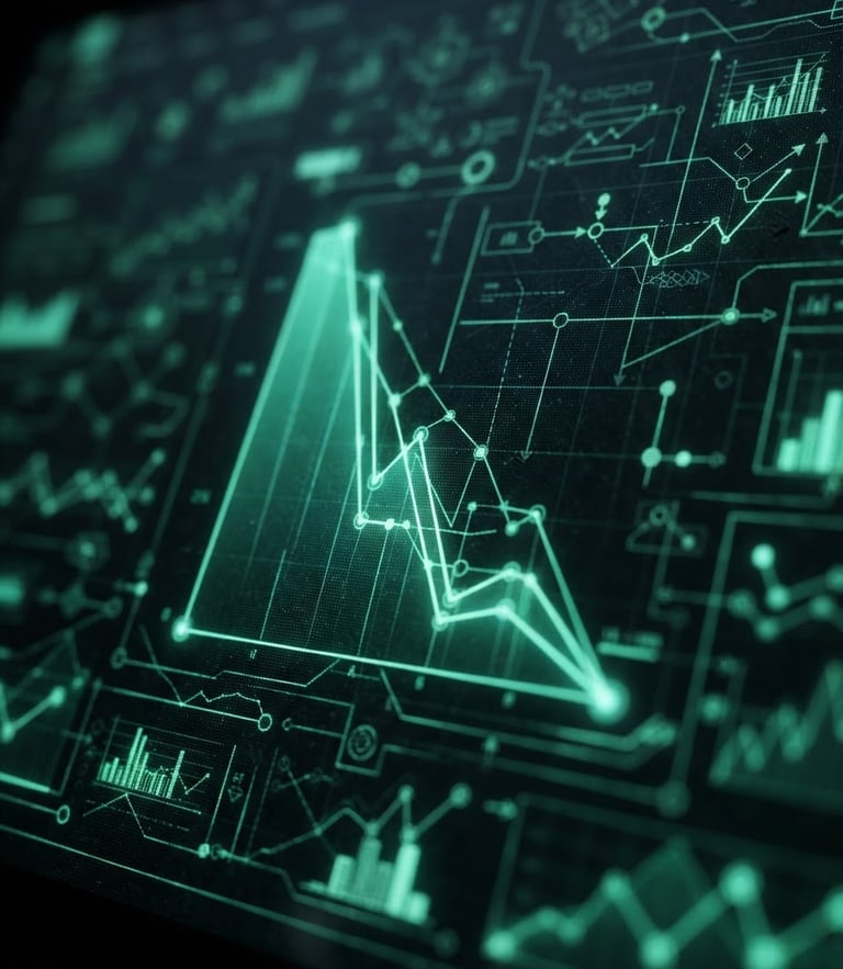 Macro close-up of a high-fidelity dark-mode analytics dashboard showing conversion drop-offs, illuminated by electric green screen glow, high contrast, technical diagram overlay.