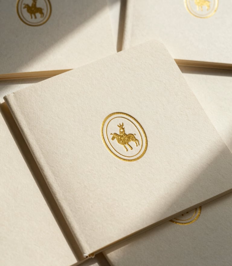 Tactile flat lay of premium children's welcome books with custom gold foil emblem on textured cream paper, soft morning shadows, warm editorial photography