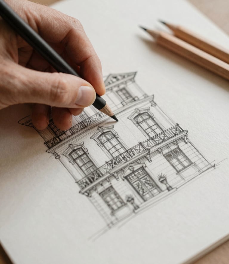 Close-up of a designer's hand sketching a historic hotel facade on textured paper, warm natural daylight, colored pencils nearby, 35mm photography