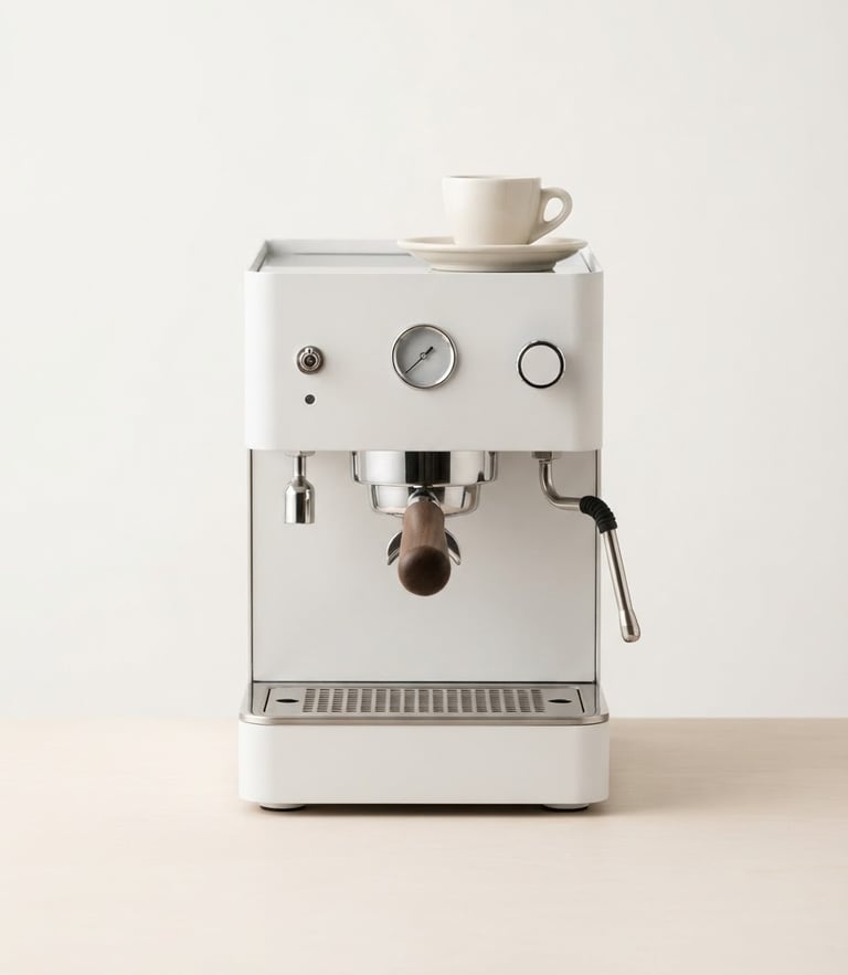 Crisp isolated minimalist espresso machine on a clean off-white backdrop, high-key studio lighting, sharp focus, modern editorial