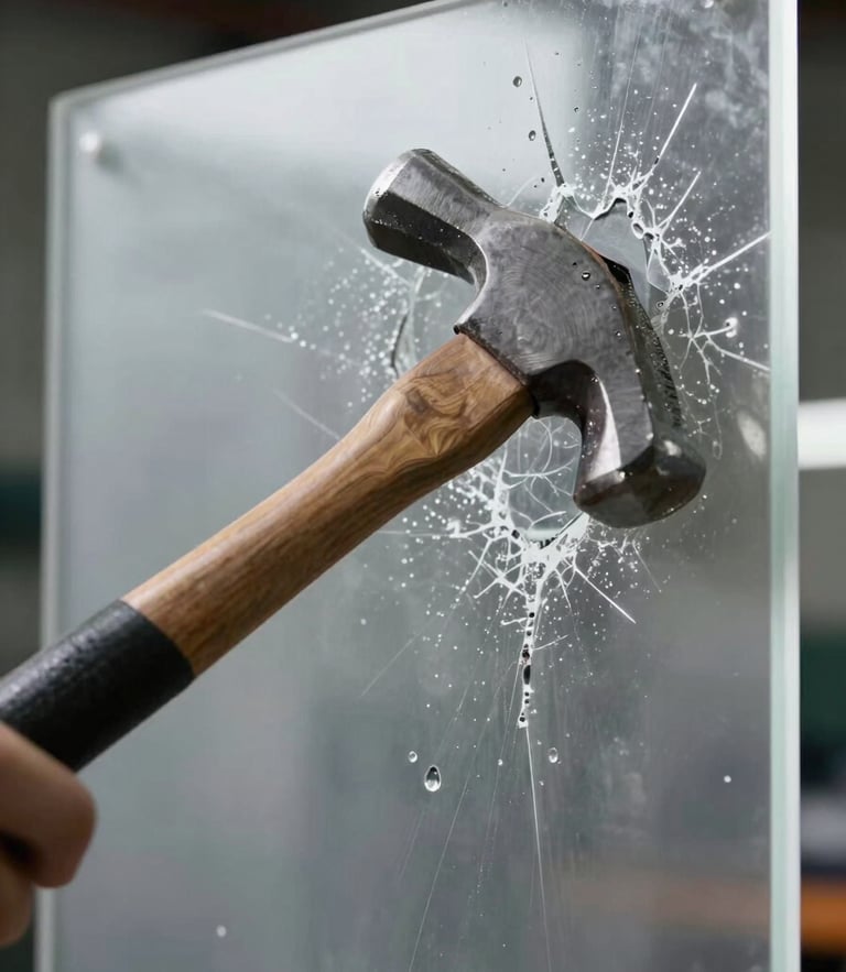 Macro shot of a high-impact hammer strike on a crystal-clear polycarbonate panel, showing localized impact marks with zero cracking, clean industrial lighting.