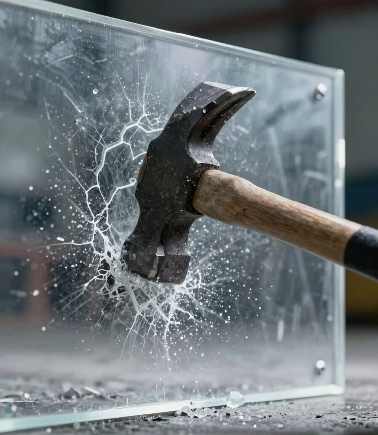 Tight macro shot of a heavy sledgehammer striking a crystal-clear polycarbonate panel, showing zero cracking or penetration under high-impact force, cool industrial lighting.