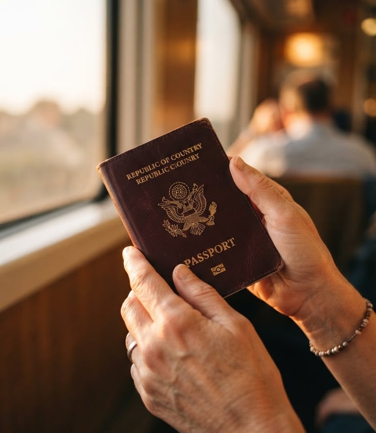 A close-up of a traveler's hands holding a premium passport with a gold-embossed seal, soft natural window light, warm shallow depth of field