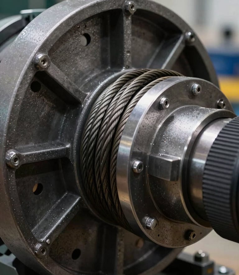 Close-up of a heavy steel mechanical overspeed governor with thick braided steel cables, industrial high-contrast lighting, technical precision