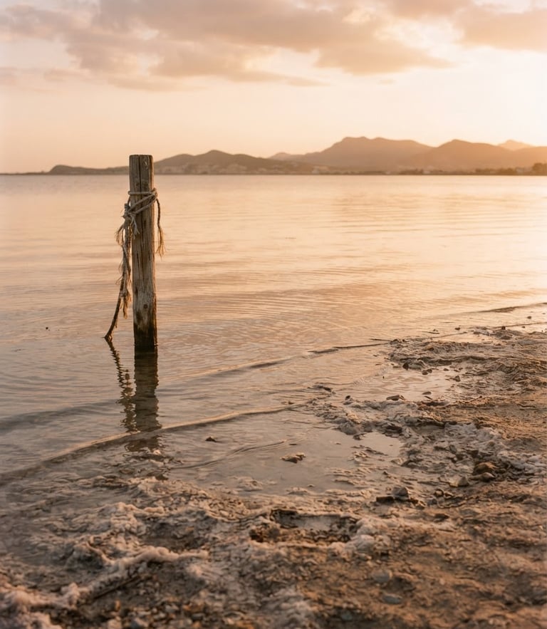Quiet landscape of the Mar Menor lagoon at golden hour, gentle ripples on salt-crusted shore, soft warm backlighting, 35mm film texture