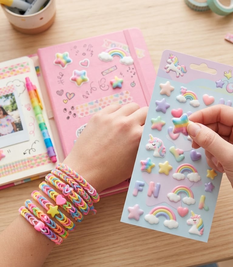 Overhead flatlay of a decorated pink journal, colorful rubber band bracelets on a wrist, and 3D puffy stickers peeling off a pastel sheet on a light wood desk, bright natural daylight