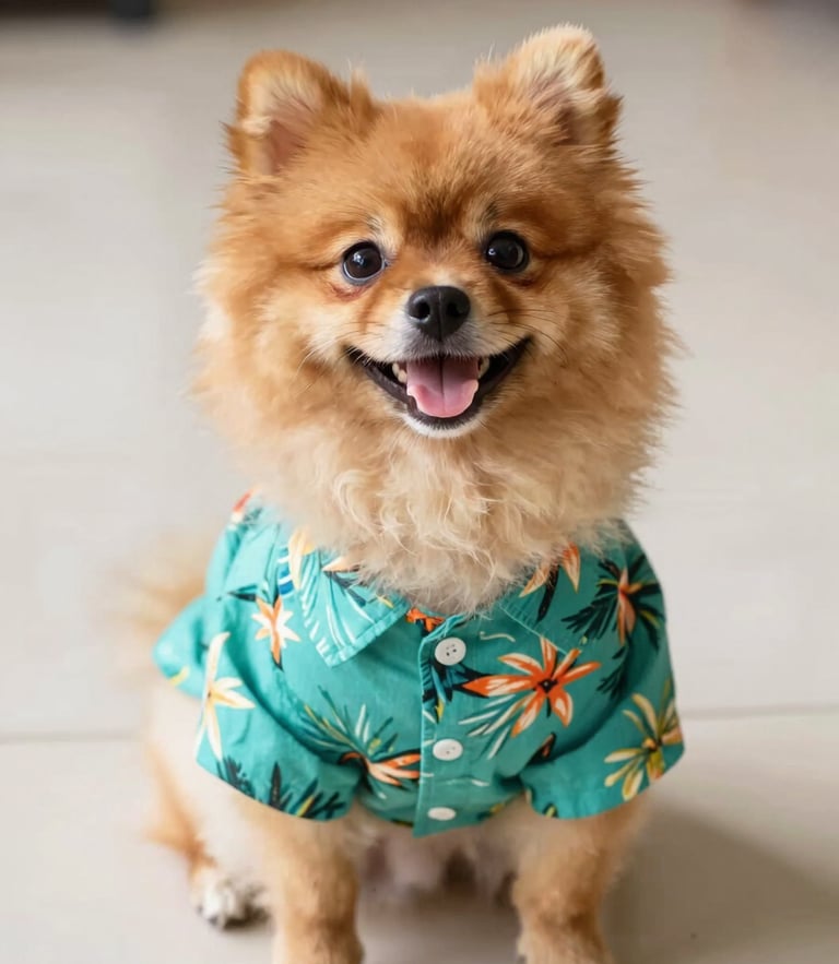 A happy fluffy Pomeranian wearing a bright teal tropical shirt sitting on a clean light floor, eye-level shot, warm natural daylight, cheerful tones