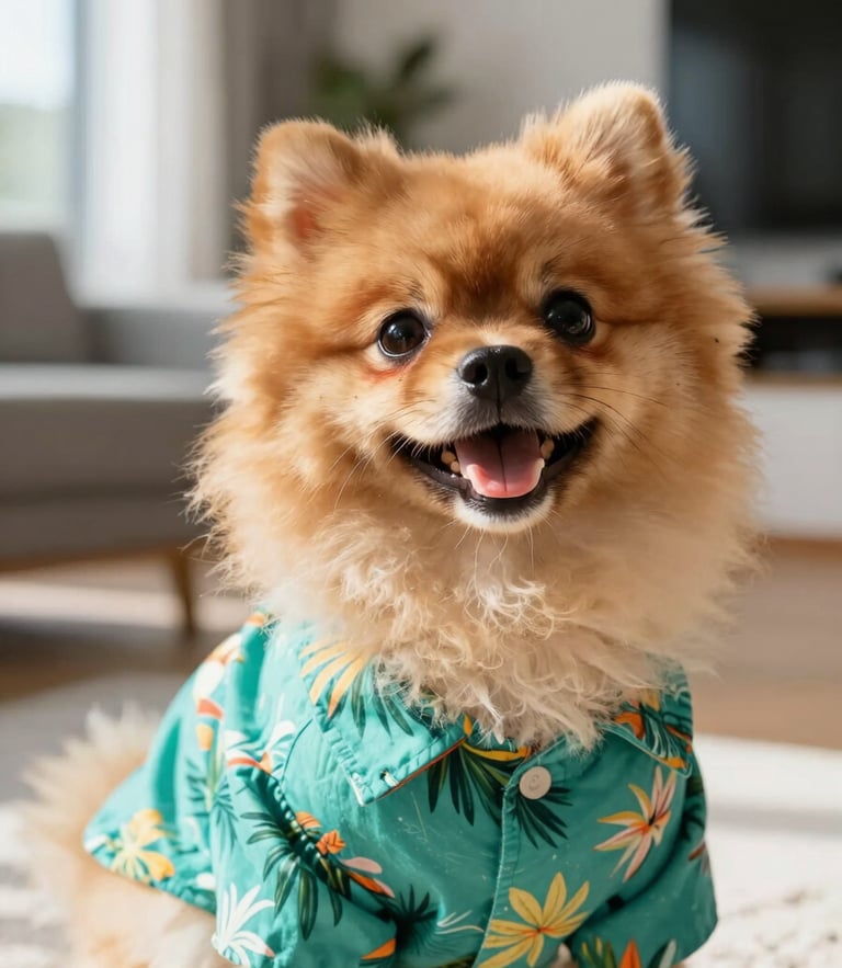 Close-up eye-level shot of a happy fluffy Pomeranian wearing a vibrant teal tropical shirt, sitting in a sunlit modern living room, warm natural daylight, shallow depth of field.
