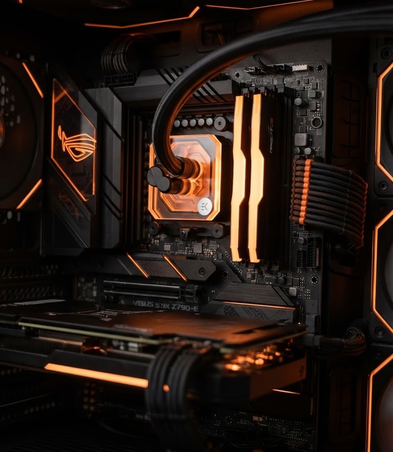 Macro shot of a pristine motherboard with glowing orange accents, clean cable routing, and liquid cooling tubes, shallow depth of field