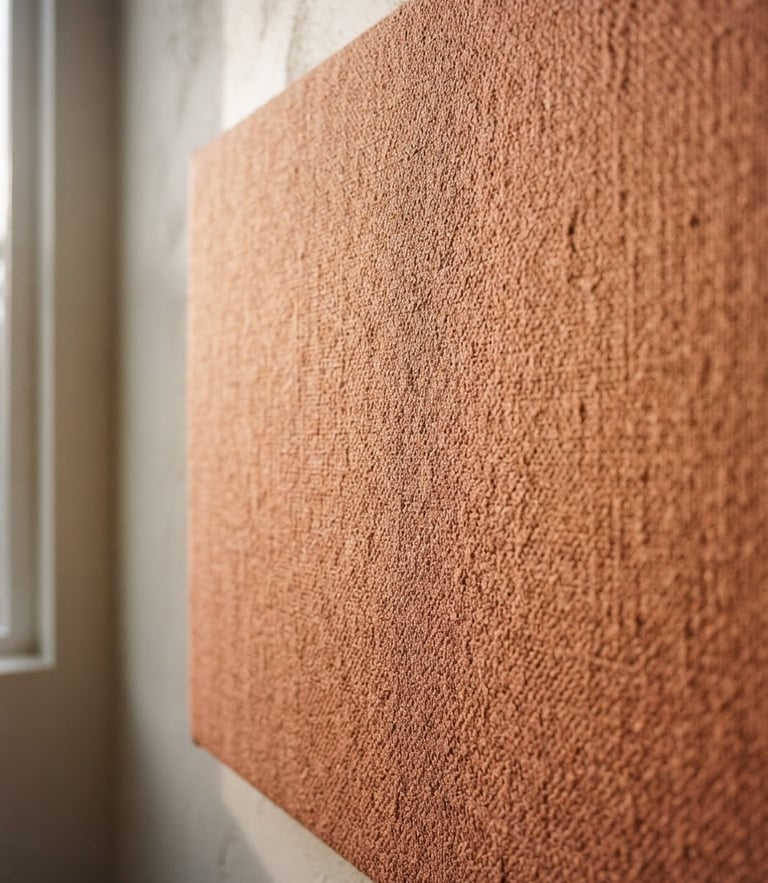 A close-up of a fabric soundproof panel in soft terracotta catching raking side-light in a minimalist room, medium format film