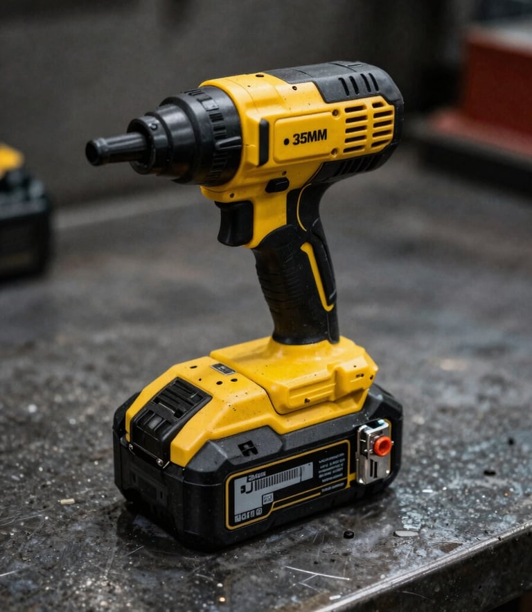 Close-up of a heavy-duty yellow and black power tool battery on a steel workbench, gritty industrial photography, hard dramatic side-lighting, high-contrast, 35mm