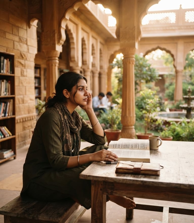 A student in deep contemplation sitting in a modern-traditional library courtyard in Govardhan, warm golden-hour sunlight filtering through stone arches, editorial 35mm photography