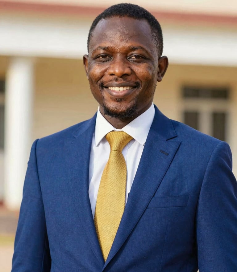 A formal editorial portrait of a distinguished Nigerian student leader in a professional suit, smiling confidently, warm studio lighting, 35mm