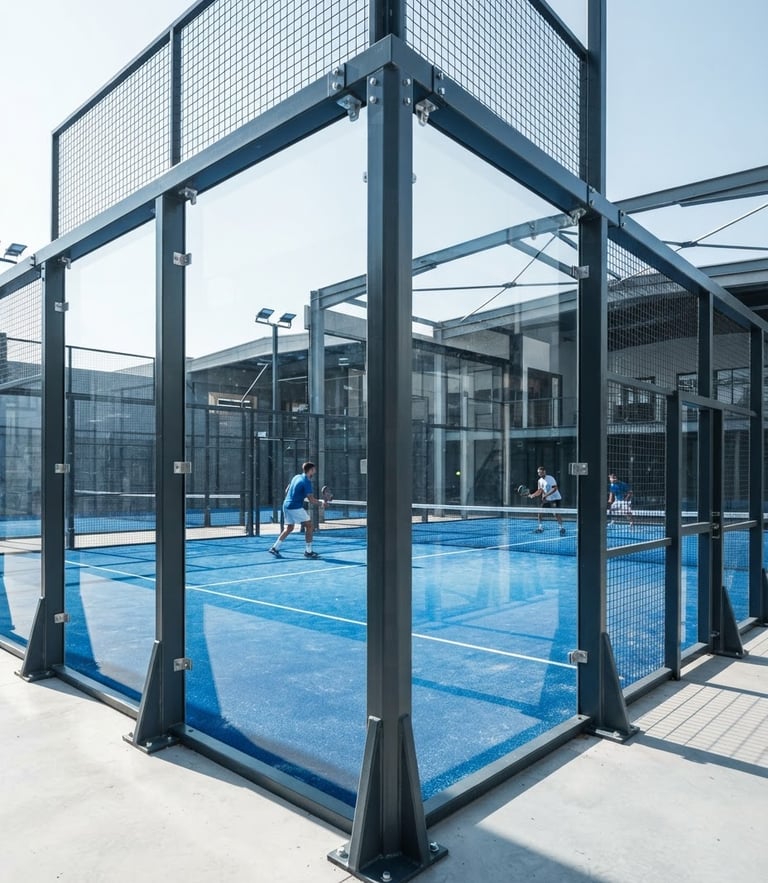 Sharp architectural photo of a professional padel court with thick glass walls and steel framing, bright natural daylight, high contrast, blueprint blue tones.