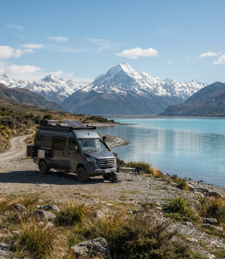 Wide-angle environmental shot of a rugged 4x4 campervan parked on a gravel pad near a pristine New Zealand glacial lake, towering Southern Alps in the background, crisp natural daylight.