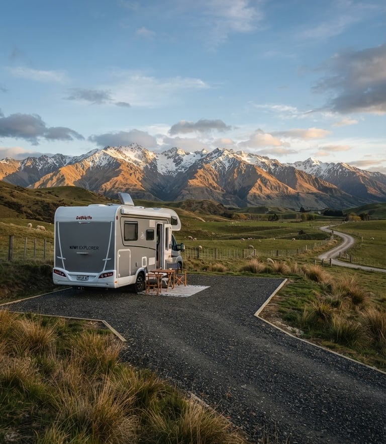 Wide-angle landscape photo of a self-contained motorhome parked on a neat gravel pad on a Canterbury farm, golden hour light hitting the Southern Alps in the background.