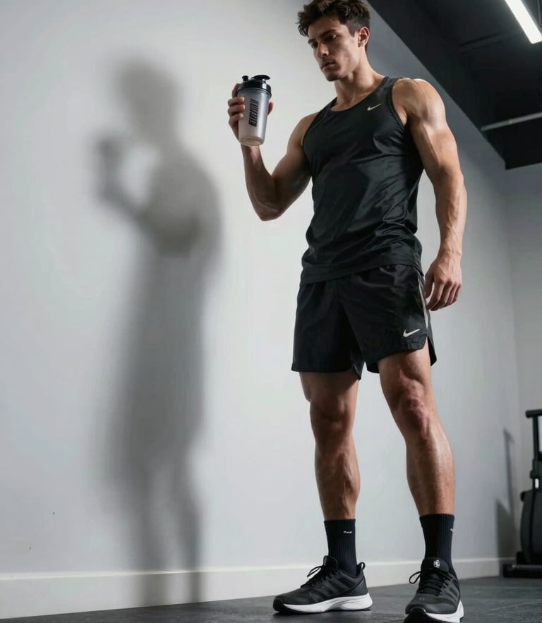 Dynamic low-angle shot of a high-performance athlete holding a shaker cup in a crisp, high-contrast training facility with dramatic shadows.