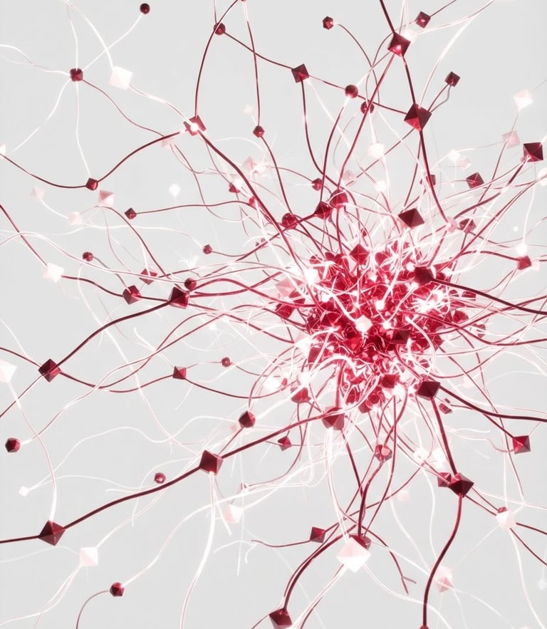 Minimalist 3D render of neural connections, crimson and soft white tones, precise geometric nodes, high-key studio lighting, octane render