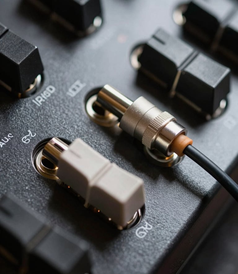 Macro shot of physical analog synthesizer patch cables plugged into a dark matte metal panel, harsh single-source side lighting, deep shadows, clinical precision.