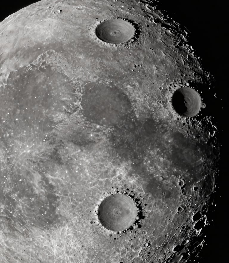 Stark, high-contrast astronomical photograph of the lunar surface, harsh single-source sunlight casting deep black shadows across craters, minimal composition.