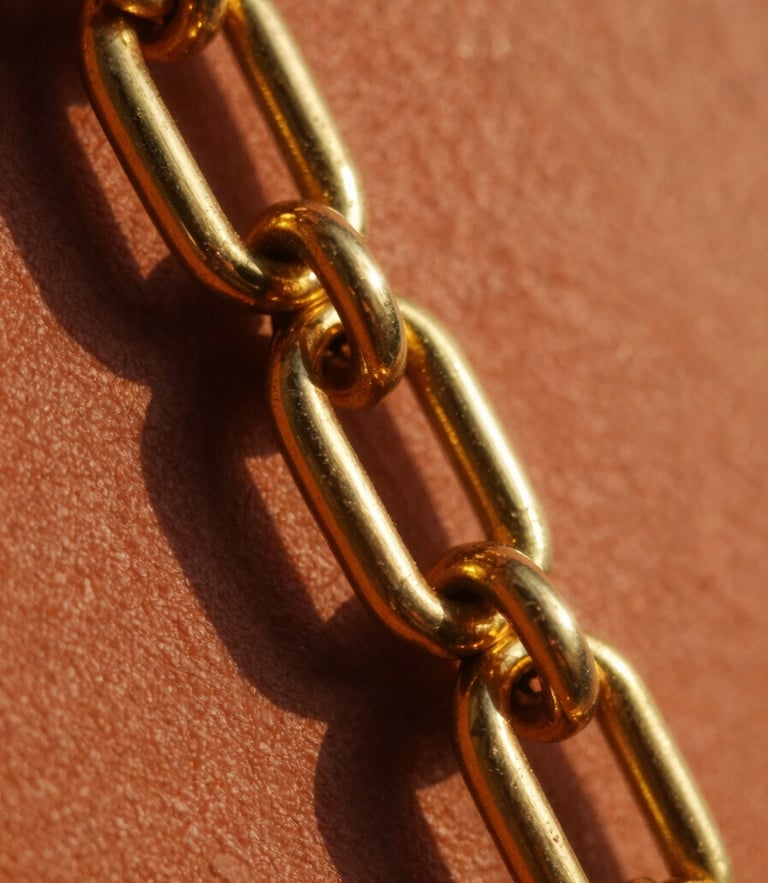 Macro close-up of heavy 21-karat gold links reflecting warm golden-hour sunlight, sharp focus, terracotta background, 35mm