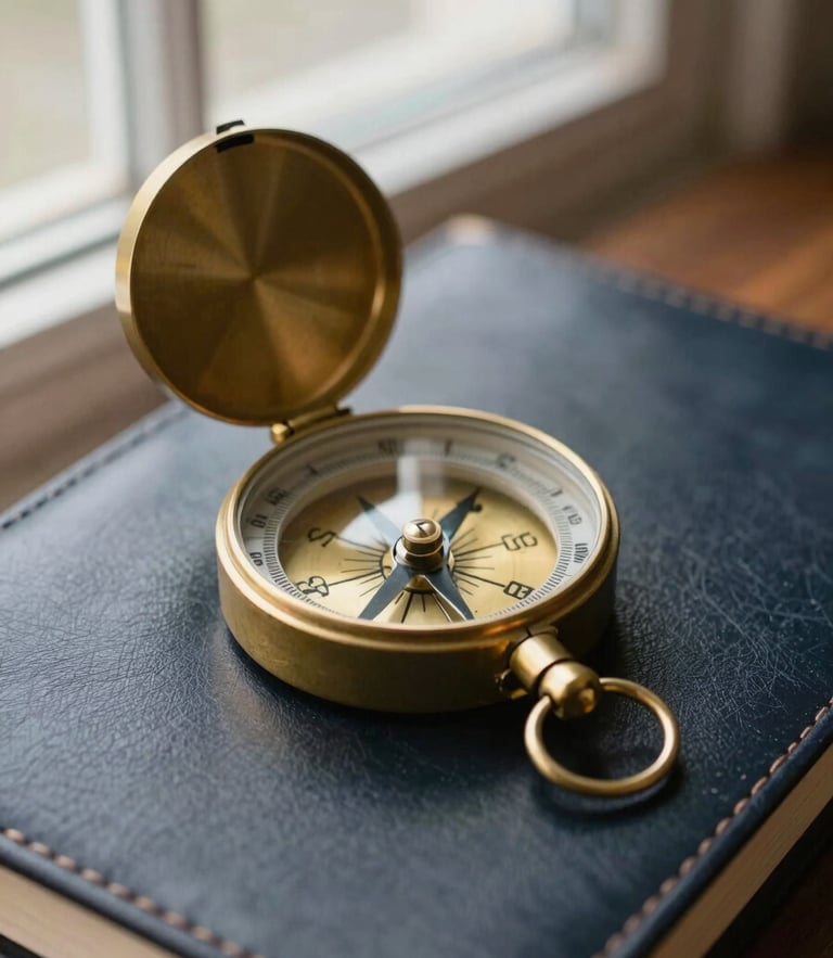 Close-up of a vintage brass compass resting on a dark leather-bound ledger, soft natural window light, warm gold accents, shallow depth of field, 35mm