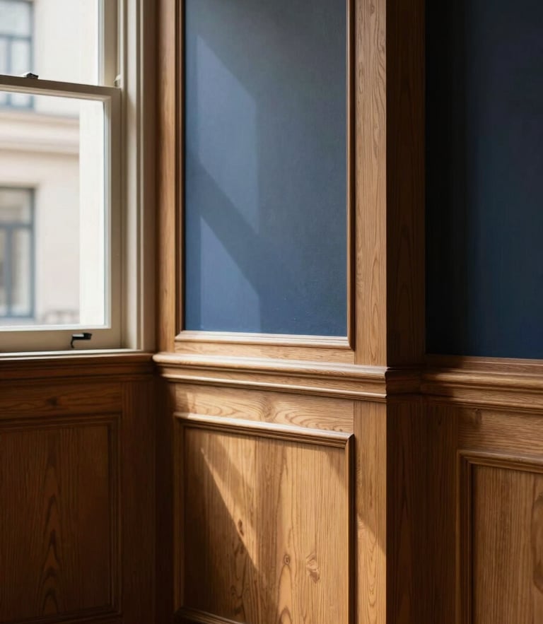 Architectural detail of a private wealth office, warm natural window light casting soft shadows on oak paneling, elegant and quiet atmosphere, 35mm editorial photography
