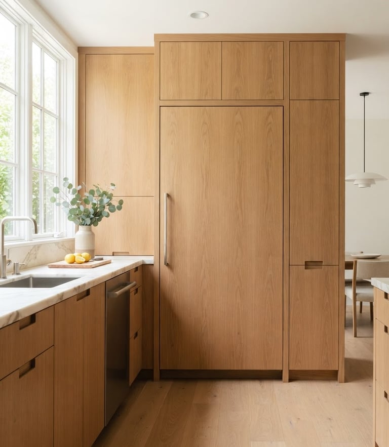 Bright high-key lifestyle photography of a modern minimalist kitchen, a premium built-in refrigerator integrated into warm oak cabinetry, soft natural light from a side window, crisp details, 50mm lens