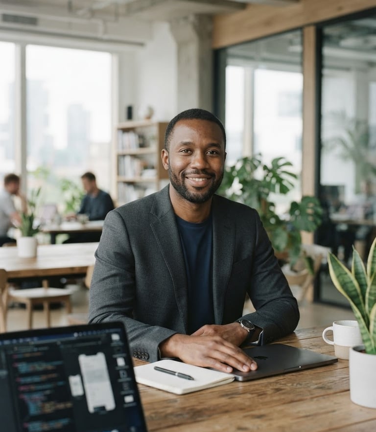 A professional portrait of Christopher Ogusha in a bright modern workspace, natural daylight, soft desaturated tones, professional depth of field, 35mm