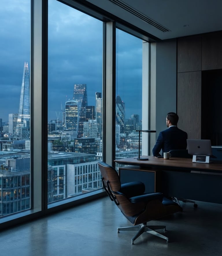 Minimalist corporate photography of a modern high-end consulting office window, cool sharp window light, deep navy and slate tones, architectural depth, 35mm lens