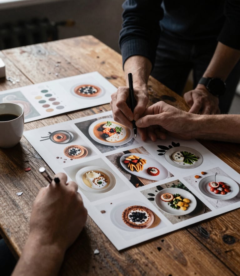 Behind-the-scenes photo of Pomodoro team planning a visual mood board on a rustic wooden table, soft natural side-light, deep rich tones, high contrast, Scandinavian aesthetic.