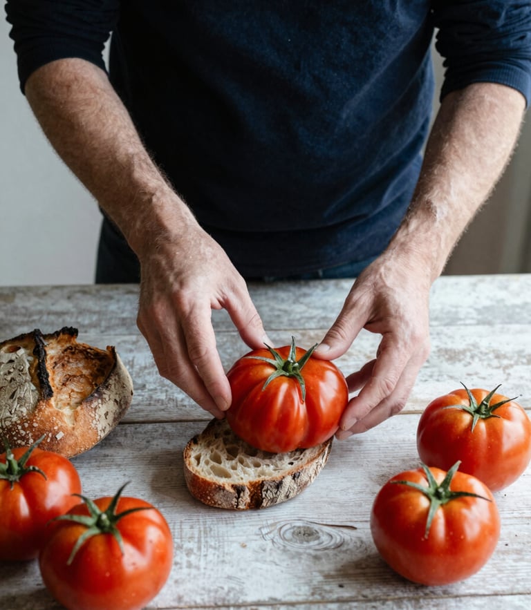 Candid shot of a creative director arranging organic tomatoes and sourdough on a rustic table, soft natural side-light, editorial food photography style
