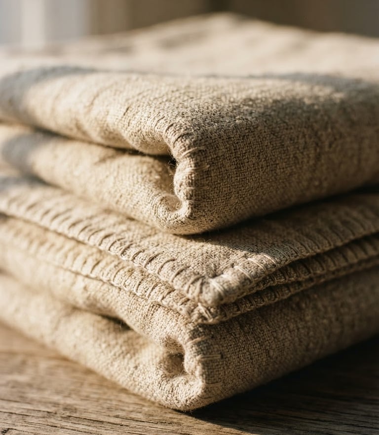 Macro detail shot of heavy-weight folded Belgian linen blankets, showing edge stitching, warm low-angle afternoon window light, soft shadows