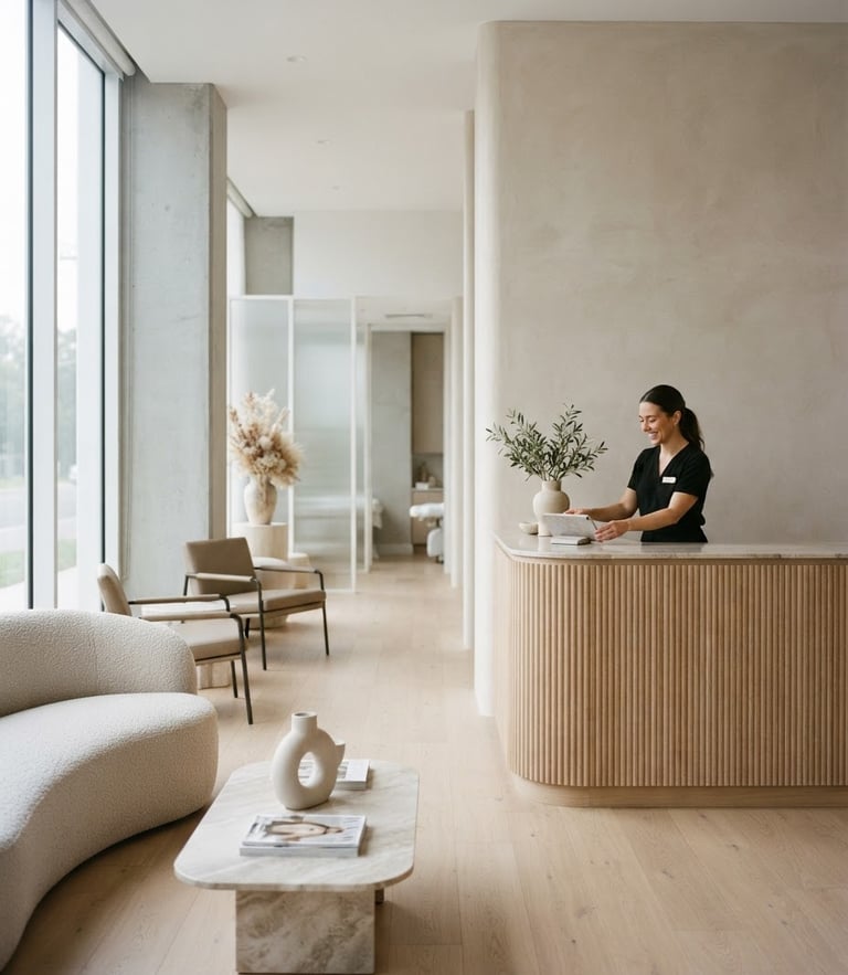Bright editorial photography of a minimalist luxury medical spa lobby, soft clinical daylight, clean architectural lines, 35mm