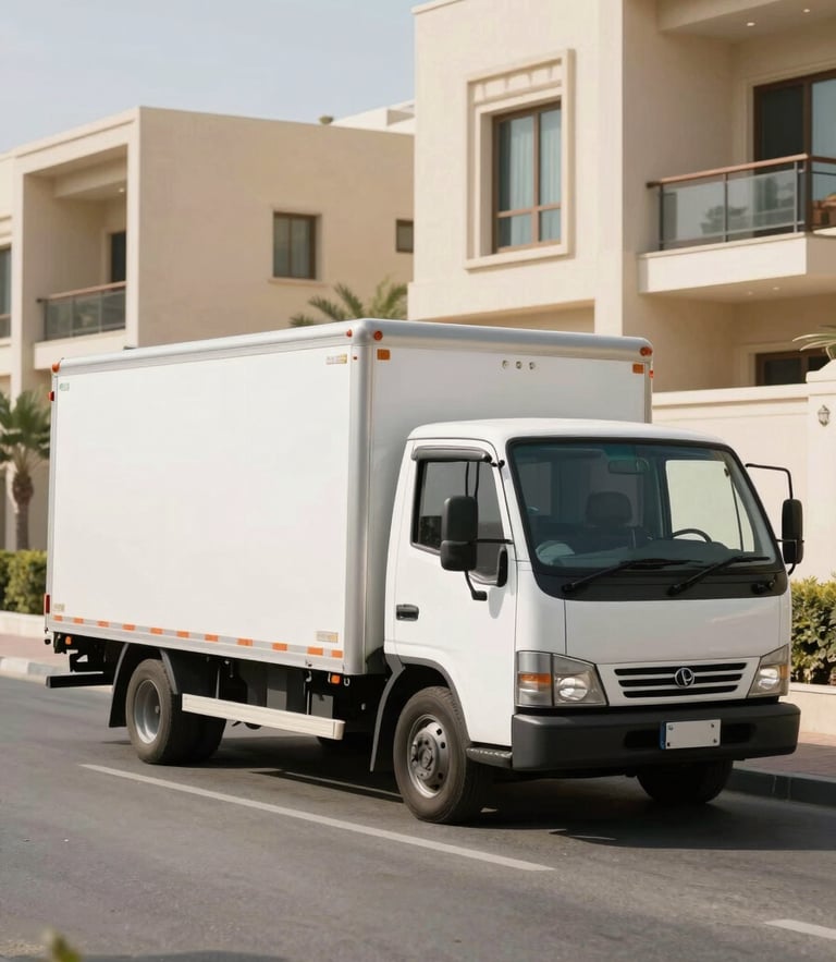 A professional moving truck parked on a clean, sunlit Jumeirah residential street, with modern villa architecture in the background, warm editorial style, 35mm.