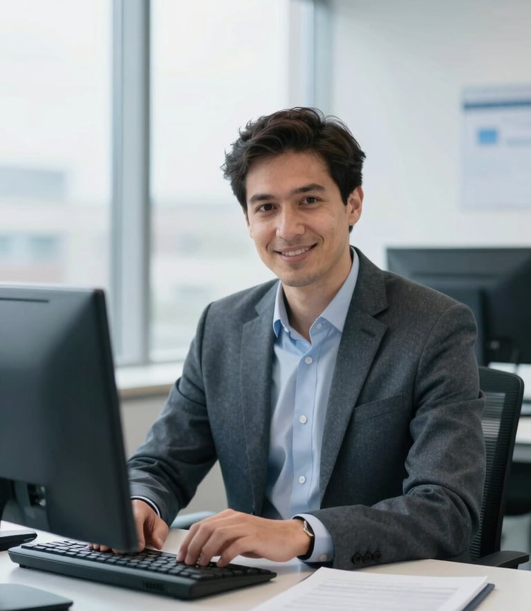 A clean bright editorial portrait of a professional UK accountant working in a modern daylight-filled workspace, cool blue tones, sharp focus.